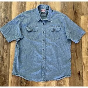 Wrangler Shirt Men's Size:XL Blue Denim Comfort Flex‎ Pockets Short Sleeve EUC